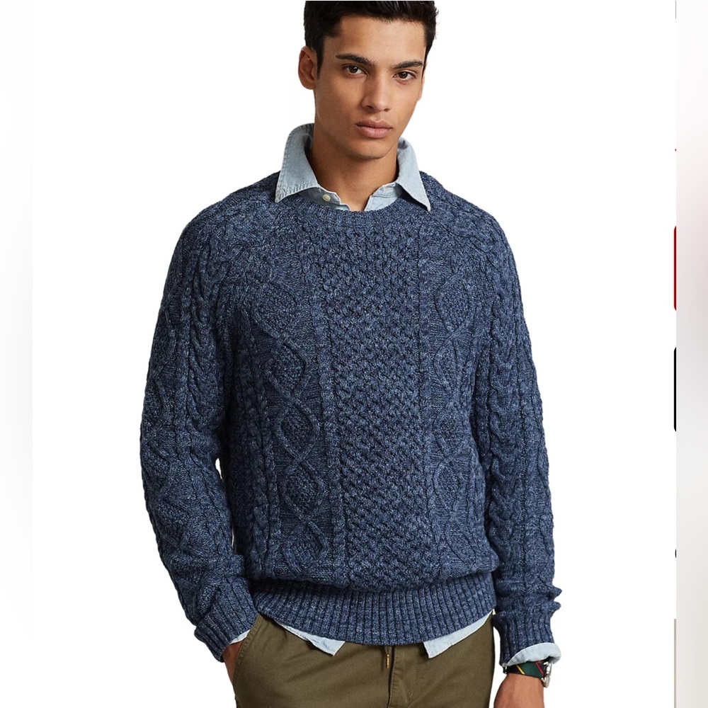 Mens POLO RALPH LAUREN Aran-Knit Cotton Crew Neck Indigo Dyed Size Large